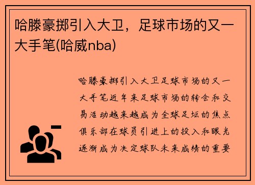 哈滕豪掷引入大卫，足球市场的又一大手笔(哈威nba)