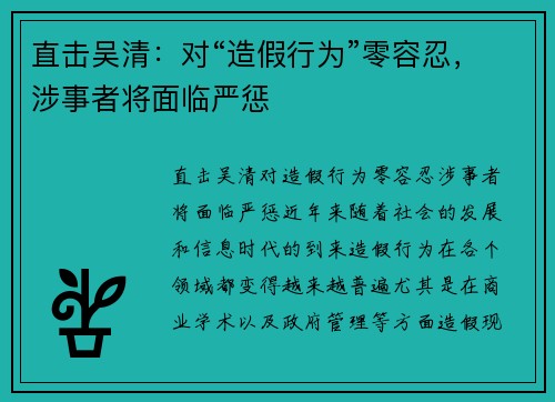直击吴清：对“造假行为”零容忍，涉事者将面临严惩