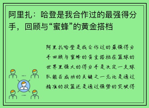 阿里扎：哈登是我合作过的最强得分手，回顾与“蜜蜂”的黄金搭档