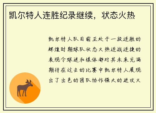 凯尔特人连胜纪录继续，状态火热