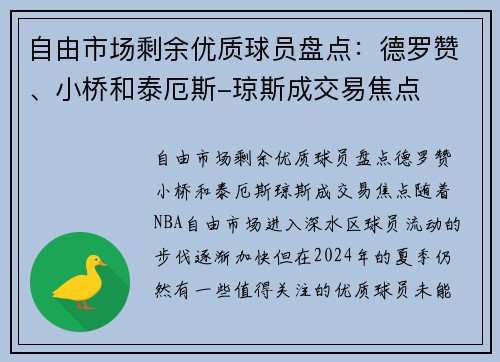 自由市场剩余优质球员盘点：德罗赞、小桥和泰厄斯-琼斯成交易焦点