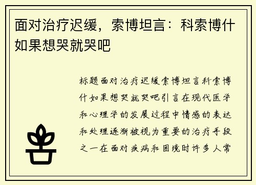 面对治疗迟缓，索博坦言：科索博什如果想哭就哭吧