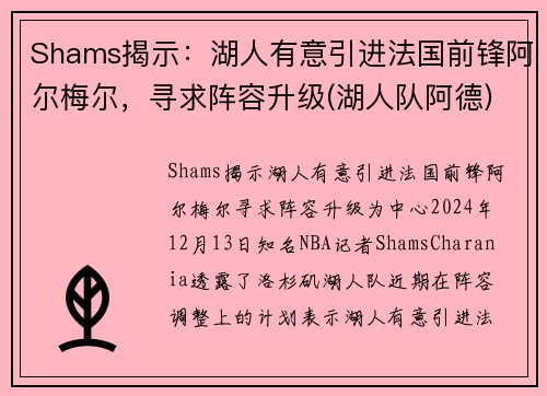 Shams揭示：湖人有意引进法国前锋阿尔梅尔，寻求阵容升级(湖人队阿德)